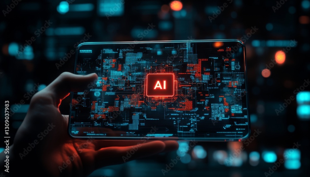 Fototapeta premium Cyberpunk digital interface on transparent tablet ai network and holographic data visualization