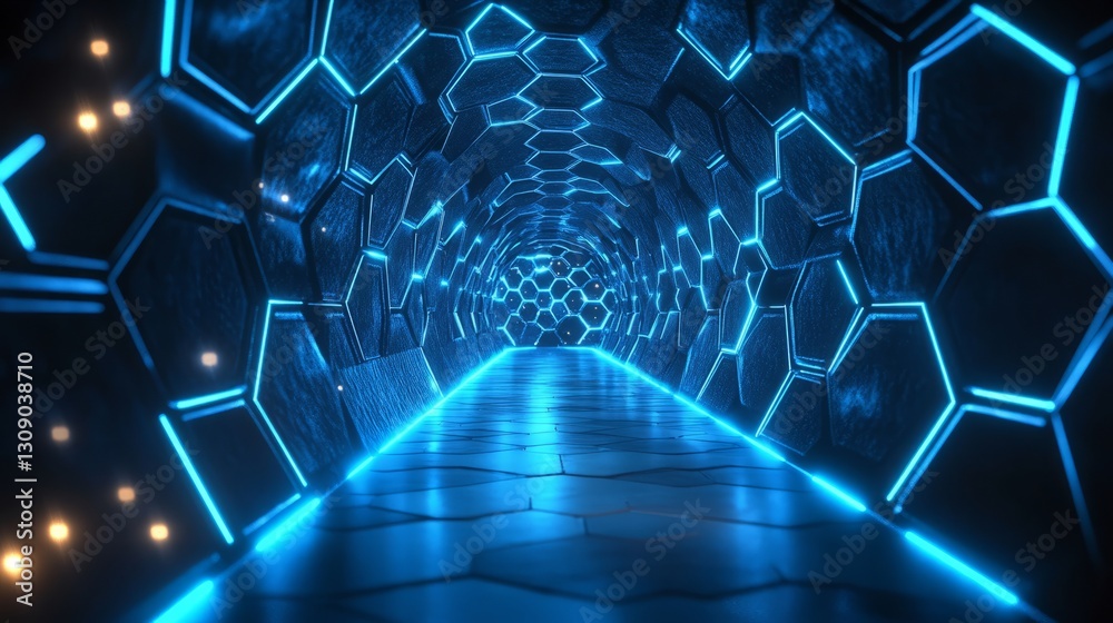 Fototapeta premium A futuristic sci-fi corridor with glowing blue lights and hexagonal patterns on the walls