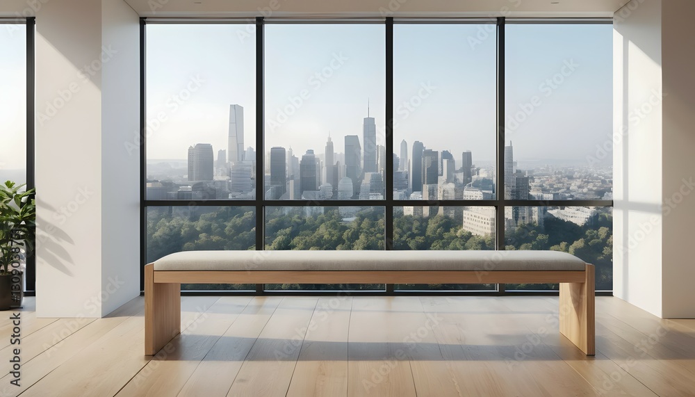 Fototapeta premium Modern Apartment Interior with a City View Through Large Windows and Seating Bench