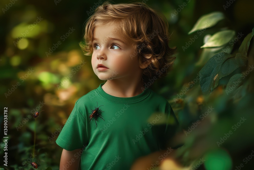 Curious child observing nature with a bug on his shirt in a lush green environment Curious child observing nature with a bug on his shirt in a lush green environment