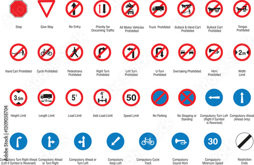 Traffic-Road Sign Collection web icons. Vector traffic signs design. Road warning, mandatory, prohibition and information symbols in red