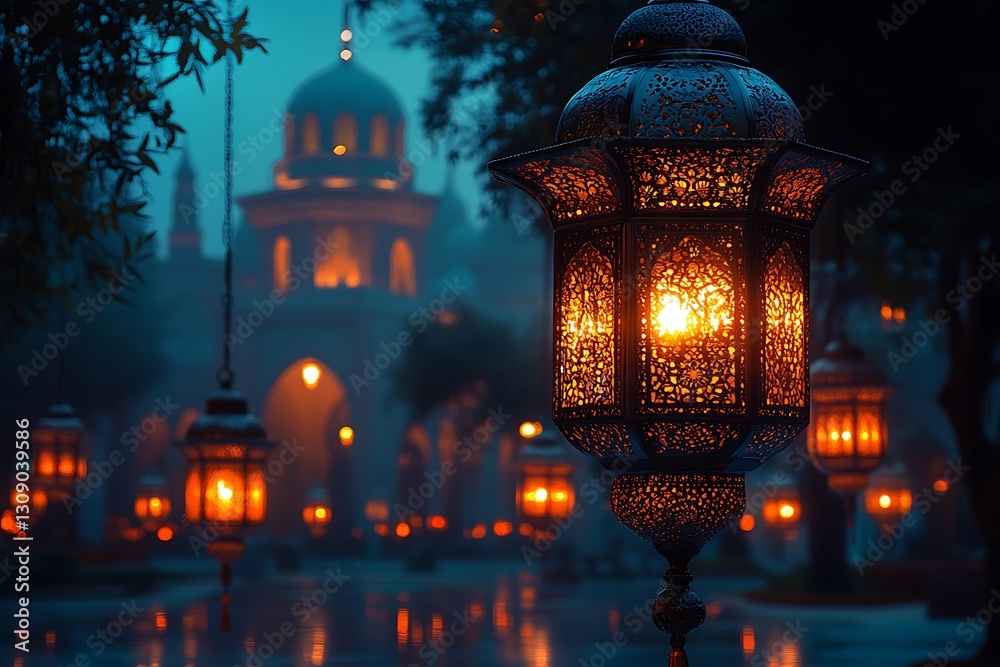 Glowing Lanterns Framing an Ornate Building in a Misty Night
Glowing Lanterns Framing an Ornate Building in a Misty Night