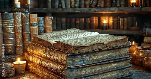 Aged Leather Books And Candles On Wooden Table In Library Area