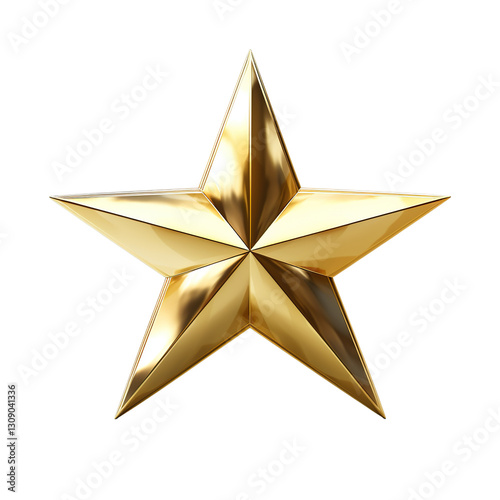 Shiny 3D Golden Star with Metallic Reflection Isolated on Transparent Background,Gold star isolated on transparent background,Gold stars 3d render, gold star png,realistic golden star isolated,Ai