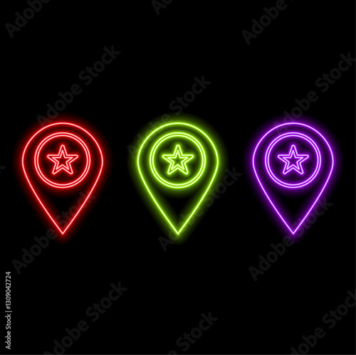 A neon GPS status on a black background map pin icon.neon blue. Glowing neon sign, outline pointer pictogram.