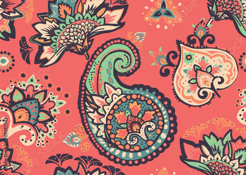 Seamless paisley pattern in Oriental style with floral and ethnic motifs for printed fabric, wallpaper, and packaging