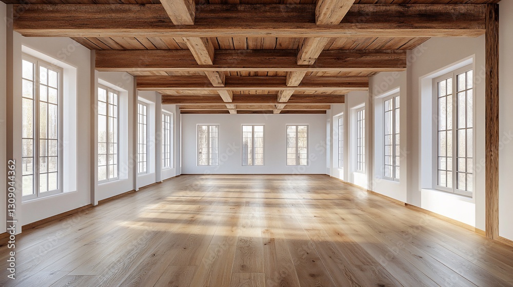 Obraz premium Sunlit empty room, wooden beams, large windows, hardwood floor, interior design