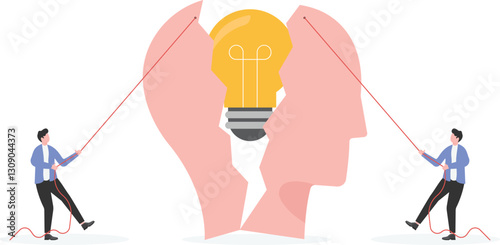 Illustration of two businessman pulling a brain apart and reveal its ideas

