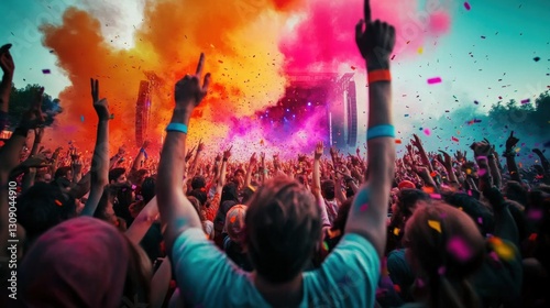 Vibrant Celebration with Colorful Smoke and Confetti at Festival