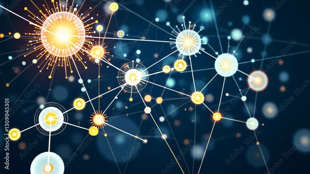 Abstract digital depiction of interconnected glowing spheres and nodes, representing networks or systems.
