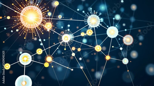 Abstract digital depiction of interconnected glowing spheres and nodes, representing networks or systems.