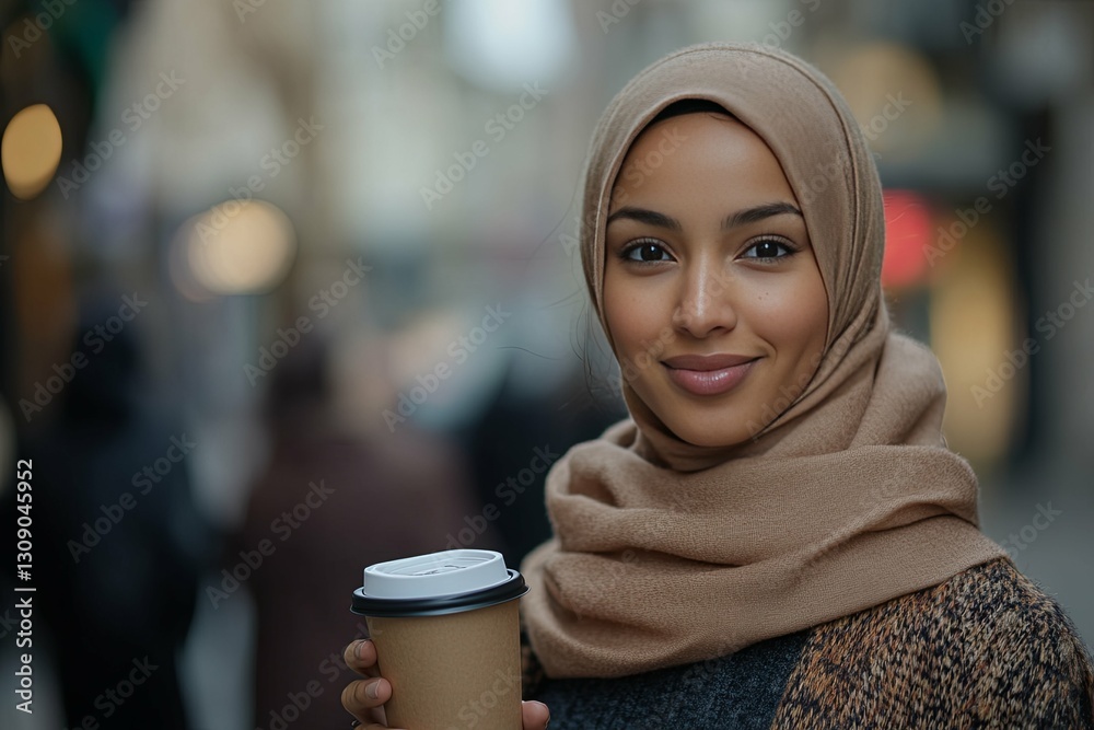 Smiling woman in a hijab holding a takeaway coffee cup Smiling woman in a hijab holding a takeaway coffee cup