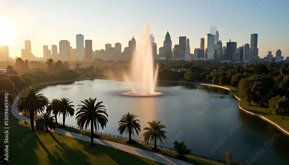 Obraz premium A spectacular 4K aerial DSLR-style shot of Echo Park Lake in Los Angeles, elevating to the left to reveal a panoramic view of the downtown skyline.