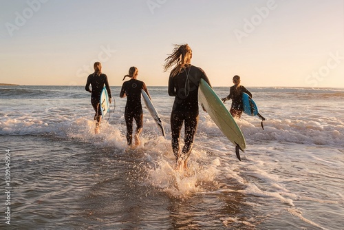 Four surfers in wetsuits carrying boards walk into the ocean water at dusk on a sandy beach, enjoying the thrill and friendship of surfing. photo