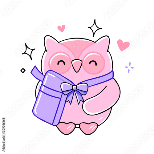 Adorable pink owl holding a gift wrapped in a purple ribbon, surrounded by sparkles and hearts. Whimsical and festive vector illustration symbolizing love and celebration.