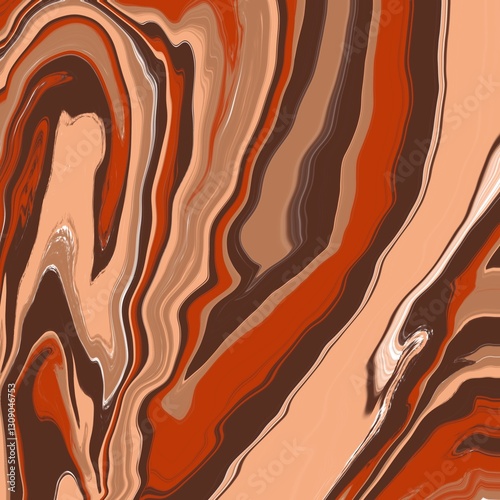 Abstract artwork featuring flowing, organic patterns in shades of brown, orange, cream, and beige. The design exhibits a smooth, marbled texture with wavy lines and curves
