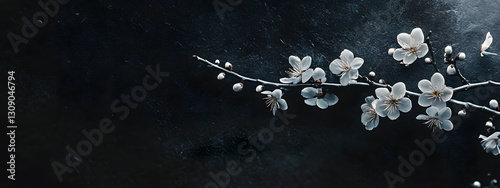 A few white plum blossoms blooming on a black background, macro photography
