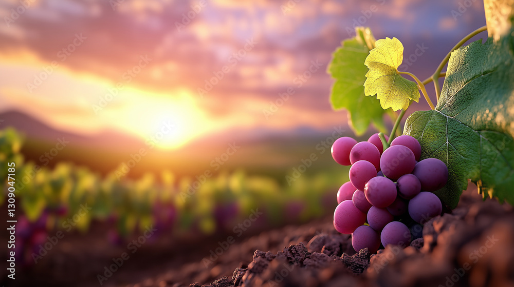 Fototapeta premium Beautiful vineyard landscape at sunset with ripe purple grapes in the foreground and rolling hills in the background