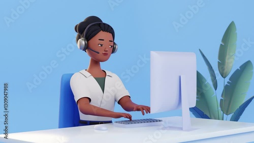 Professional woman wearing headphones and working on a computer. Video call or online communication concept. 3d female character talking. Customer support service, remote work, or call center