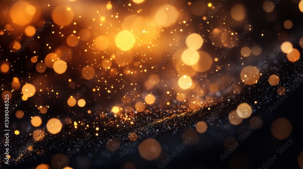 Golden lights flow. Bokeh effect with sparkle. Glowing glitter abstract design. Festive blurred texture on dark background. Shiny decoration falling softly. Golden lights flow. Bokeh effect with sparkle. Glowing glitter abstract design. Festive blurred texture on dark background. Shiny decoration falling softly.