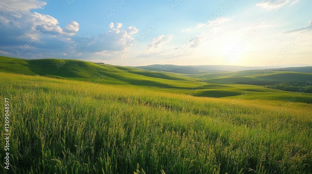 Obraz premium Green field under sunny sky. Rolling hills of grass. Countryside with sun shining. Scenic landscape. Natural green environment.