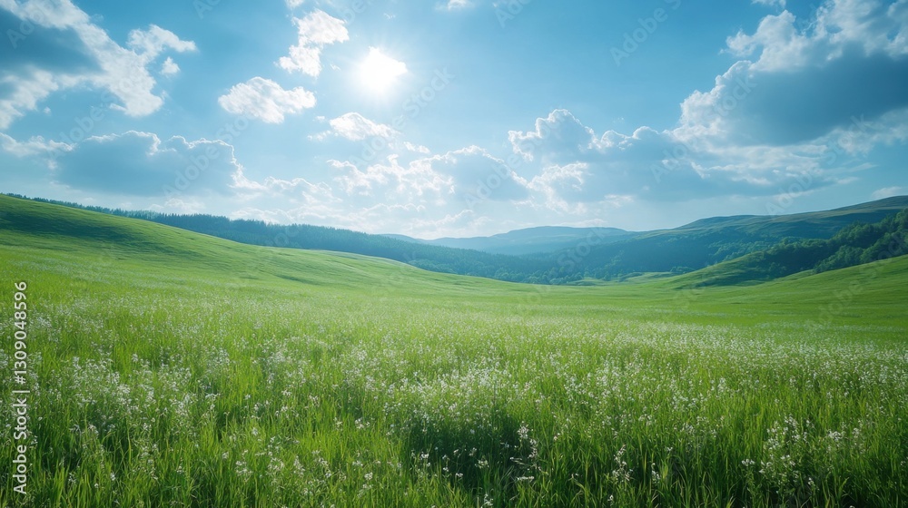 Fototapeta premium Green field with grass and blue sky. Meadow landscape with sun and clouds. Open space in summer with plants and sunlight.