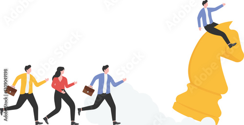 An illustration of a businessman riding a chess horse with flag
