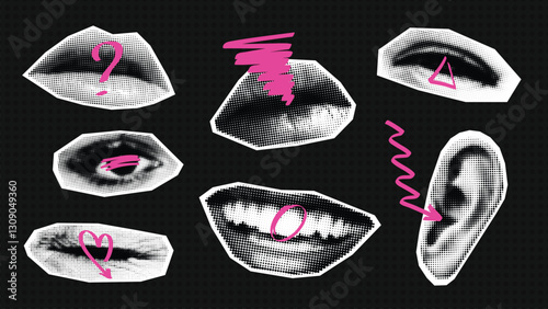 Contemporary art collage facial elements with doodles. Vector set of halftone cutout eyes and lips.
