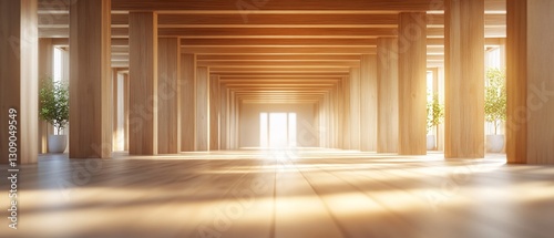 Sunlit wooden hallway interior, plants, bright exit