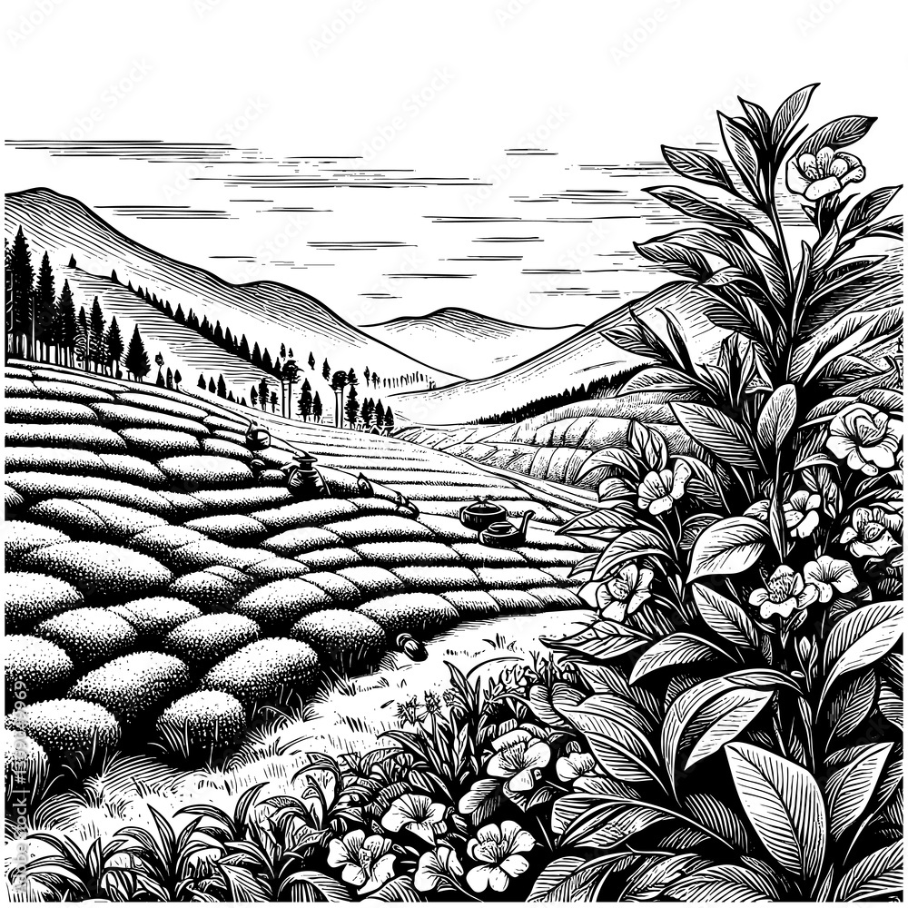 Fototapeta premium tea plantation mountain landscape with terraced fields, lush plants, pine trees, and dramatic cloud formations sketch engraving generative ai PNG illustration. Scratch board. Black and white.
