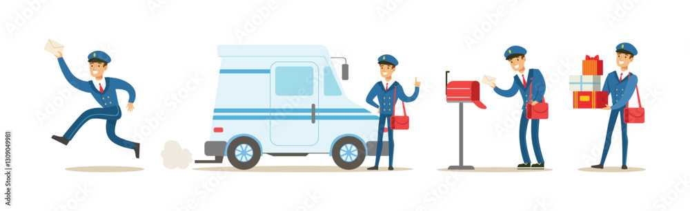 Man Postman in Blue Uniform Delivery Letter Envelope Vector Set Man Postman in Blue Uniform Delivery Letter Envelope Vector Set