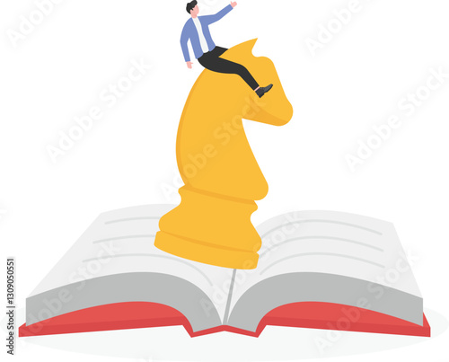 An illustration of a businessman riding a chess horse with flag


