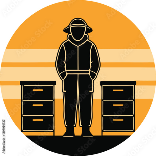 Dedicated Beekeeper Silhouette with Beehives at Sunset