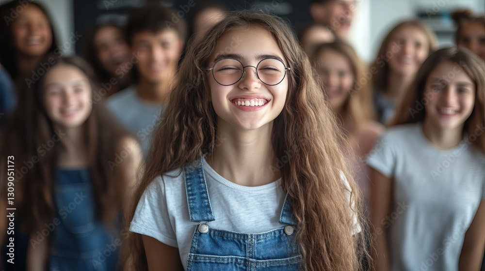 Obraz premium Happy Teenage Girl Smiling with Friends Group Portrait Youthful Joyful Expression Positive Vibe Casual Style Summer Fun Teenage Lifestyle Friendship 