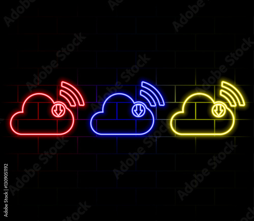 3d download multimedia file document from cloud management. download digital file of image and video content. App with data transfer notification icon. neon style.