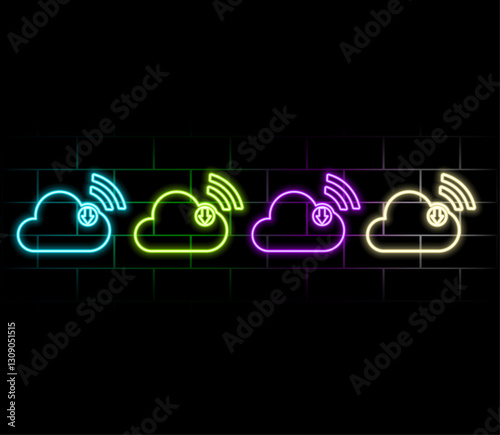 download multimedia file document from cloud management. download digital file of image and video content. App with data transfer notification icon. neon style.