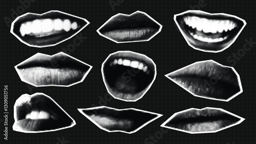 Vector lips and screaming mouth with monochrome halftone effect. Grunge punk y2k collage design elements.