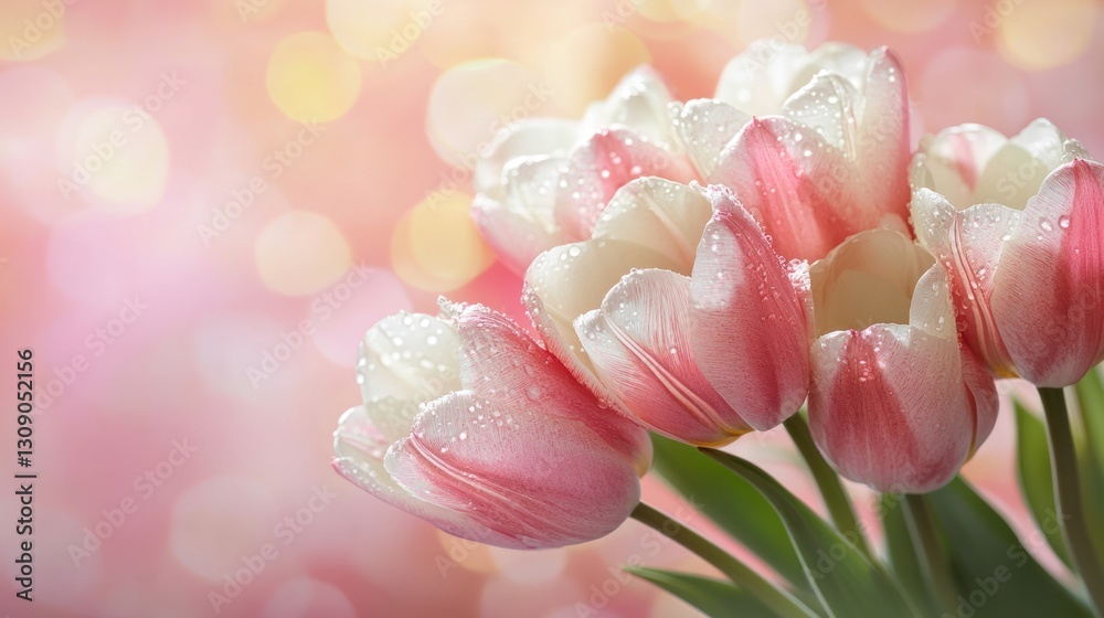 Obraz premium Delicate tulip blooms with raindrops against a soft blurred backdrop