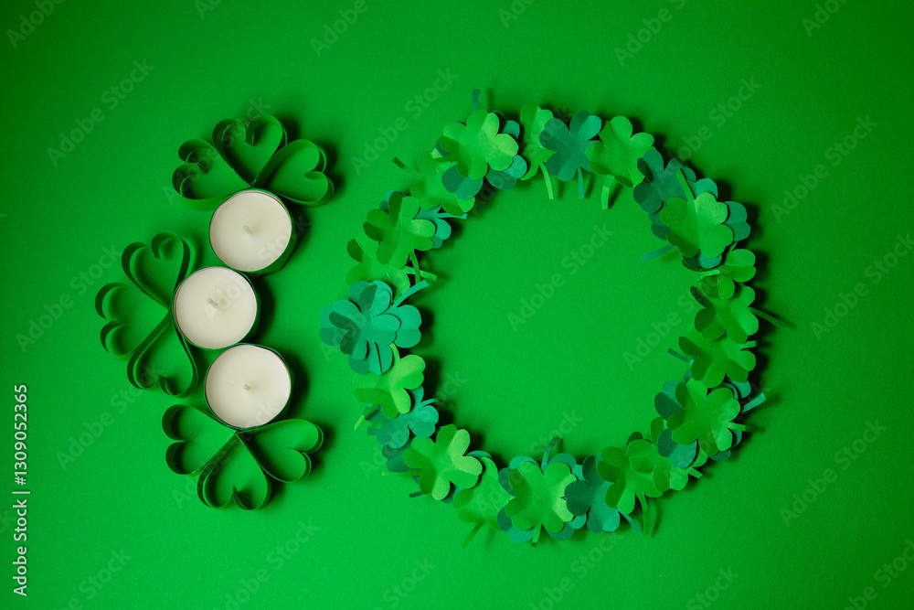 Round frame made of green clover leaves and candles on green background. St. Patrick's Day concept Round frame made of green clover leaves and candles on green background. St. Patrick's Day concept