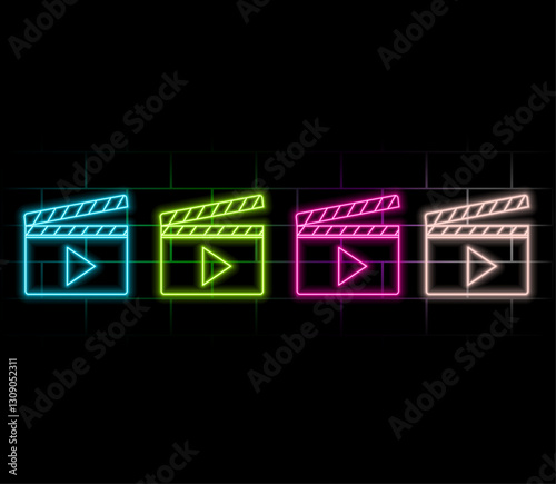 Outline neon clapperboard, violet pink icon. Glowing neon clapper board with play sign. Video production, cinema editor, movie shooting, music clip recording. Filmmaking studio, multimedia editor