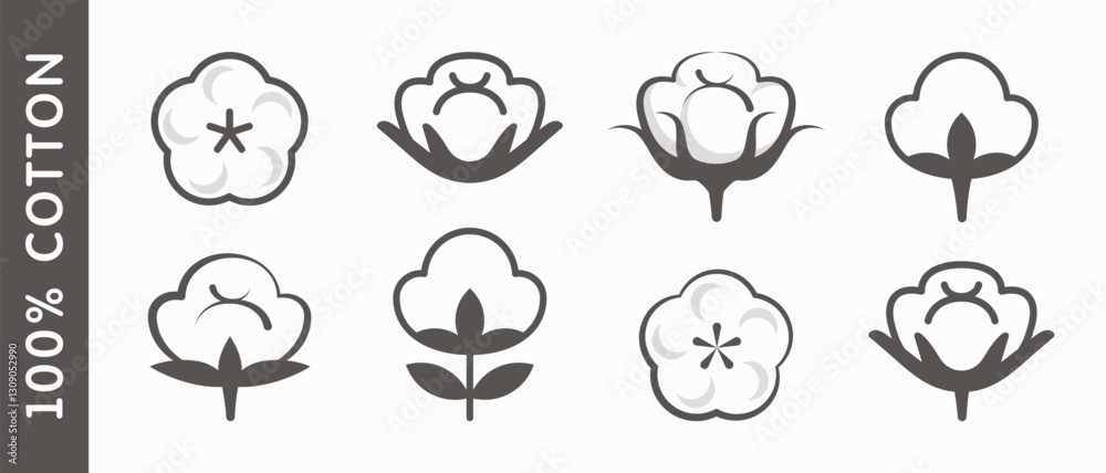 100% cotton black icon, logo or label designs set isolated on white background. 100 percent cotton sign. Vector illustration