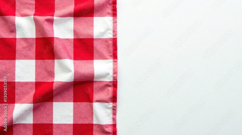 Red and white checkered tablecloth draped on a plain background, perfect for showcasing food or products Red and white checkered tablecloth draped on a plain background, perfect for showcasing food or products
