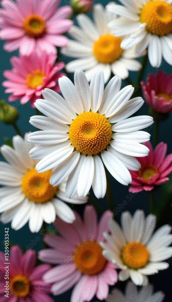 Fototapeta premium Delicate chamomile blooms arranged in a vibrant collage , macro, delicate