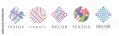 Fabric and Textile Abstract Logo Design with Embroidery Ornament Vector Set
