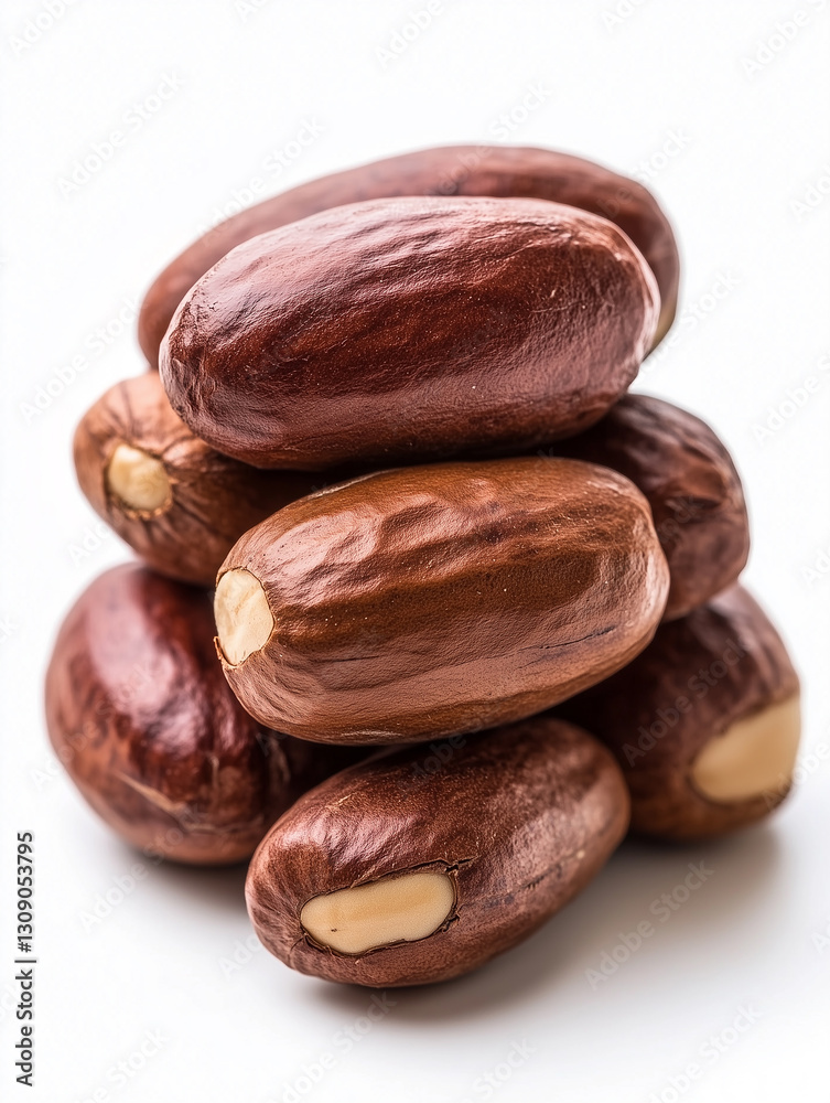 Stack of smooth, shiny brown dates arranged on a white background showcasing their natural beauty and rich texture Stack of smooth, shiny brown dates arranged on a white background showcasing their natural beauty and rich texture