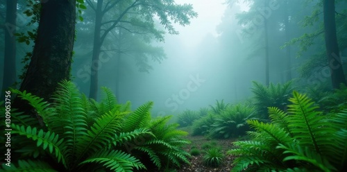 Fog-shrouded ferns sway gently in windless forest air, fog rolling in, atmospheric