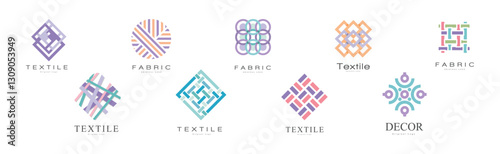 Fabric and Textile Abstract Logo Design with Embroidery Ornament Vector Set