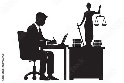Silhouette Lawyer Working at Desk with Lady Justice Statue