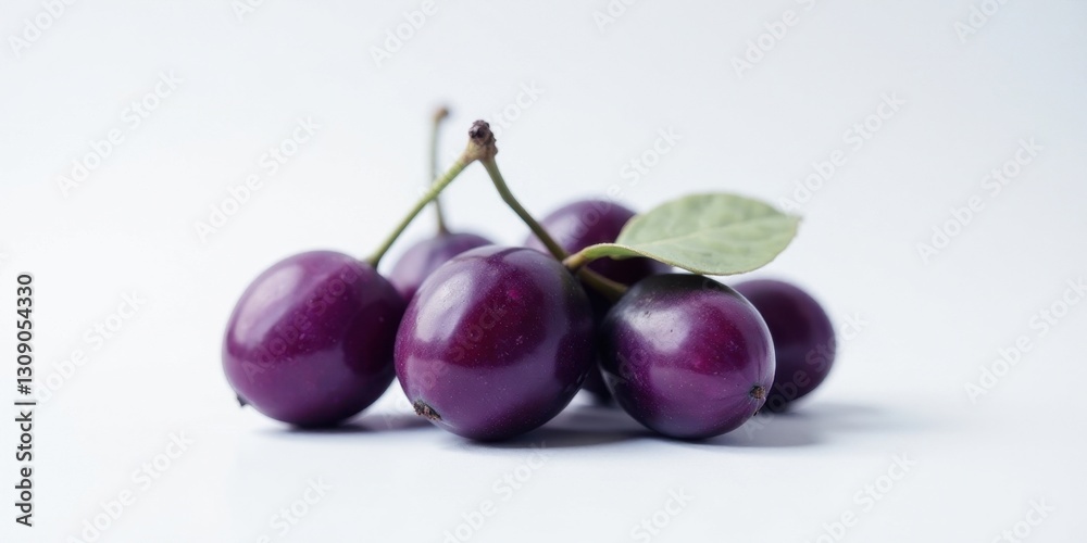 A Cluster of Deep Purple Fruits with a Single Green Leaf on a White Background A Cluster of Deep Purple Fruits with a Single Green Leaf on a White Background