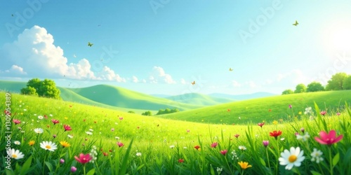 Serene Meadow Landscape Vibrant wildflowers bloom in a lush green field, under a clear blue sky dotted with fluffy white clouds, as colorful butterflies dance gently on a warm sunny day.